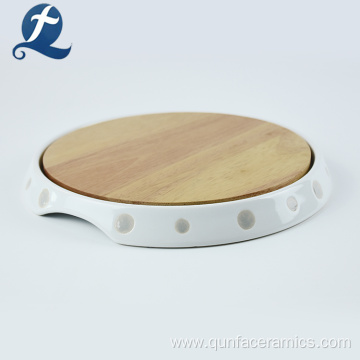 Customized Round Ceramic Plate With Wooden Dish